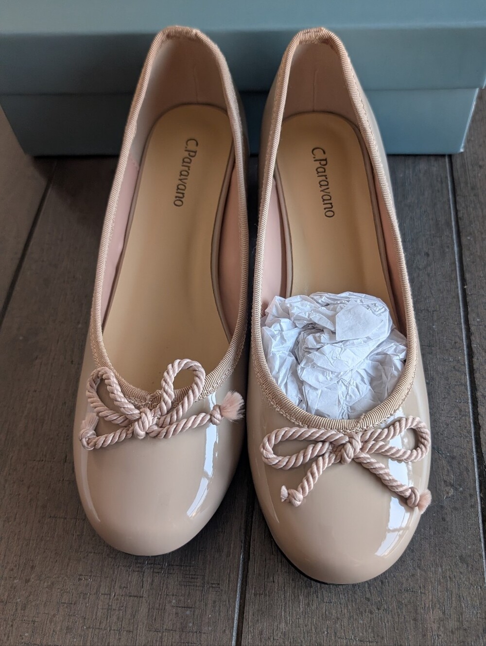 C. Paravano Nude Patent Ballet Flats with Bow